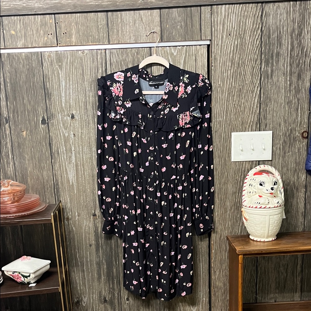 Jill Stuart Black Long-Sleeve Dress with Pink Floral Print
